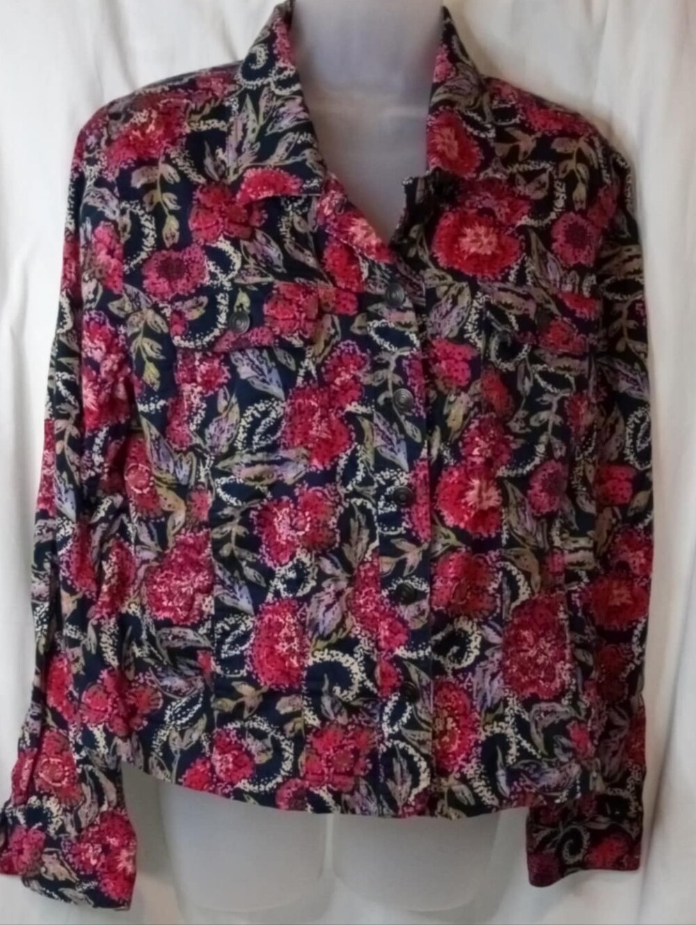 Christopher & Banks Navy Office Jacket Pink Floral Large Stretch Tailored Boho